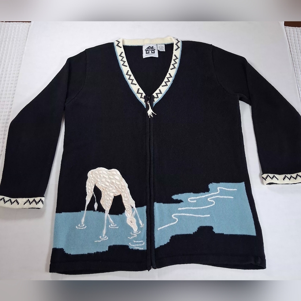 Vintage Storybook Knits Full Zip Girafe🦒 Sweater Size Large "The Watering Hole'